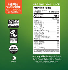 Wonder Green organic juice label emphasizes 100 percent vegetables and no additives.