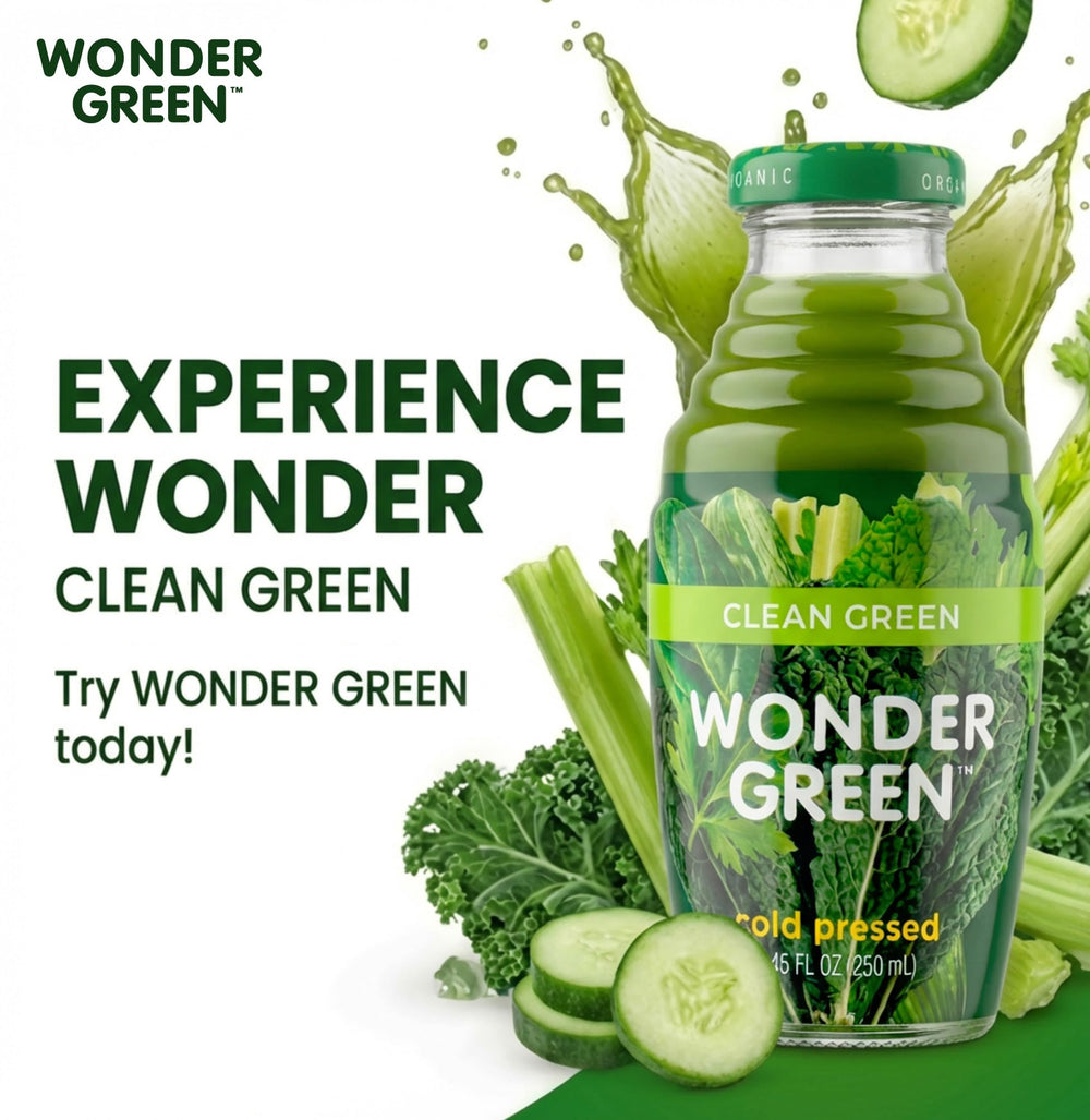 Wonder Green refrigerated display-ready bottle conveys freshness and natural ingredients.
