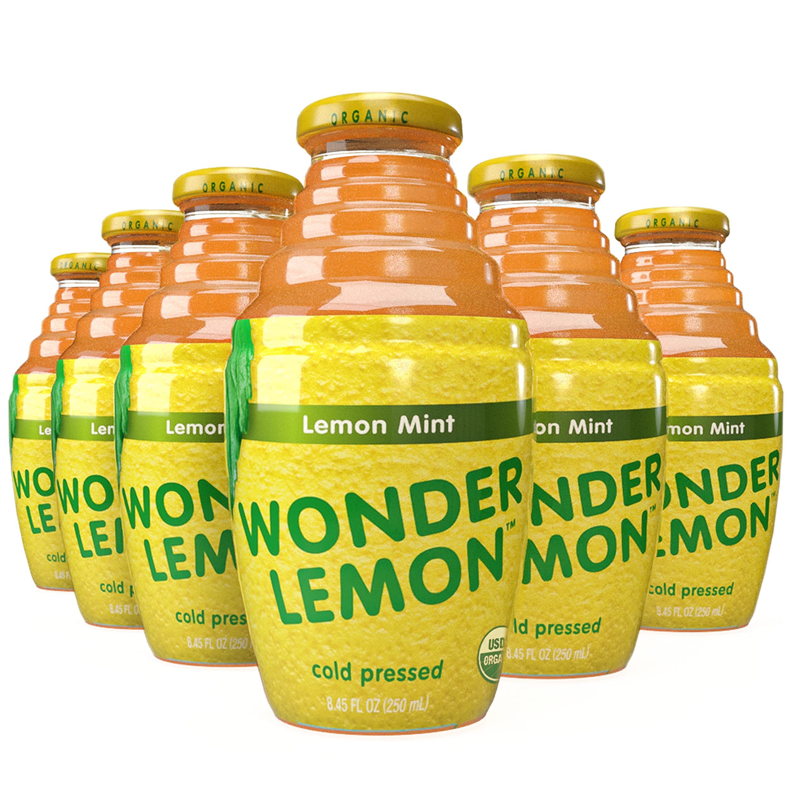 Wonder Lemon Organic Lemon Mint juice bottle front shows crisp, refreshing flavor