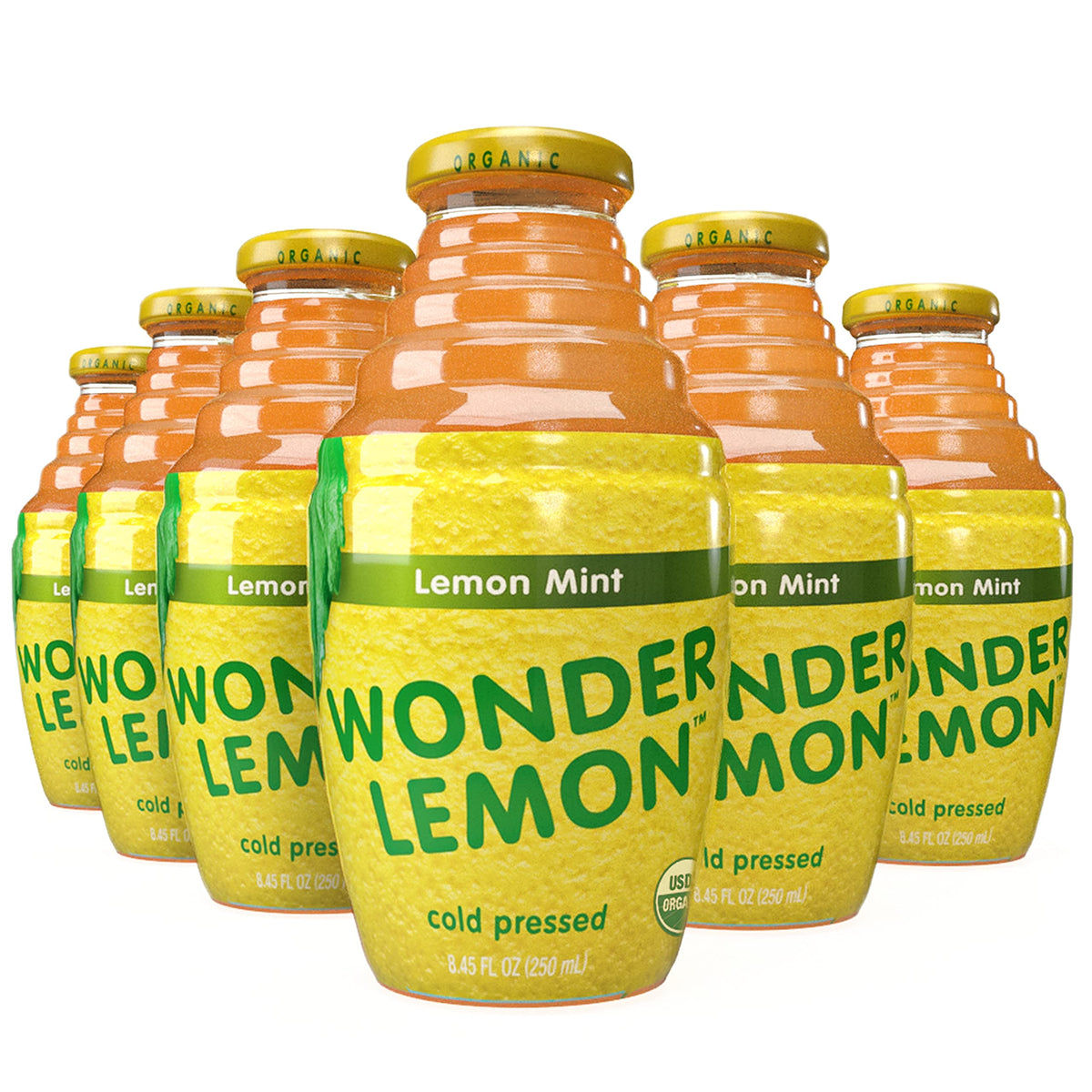 Wonder Lemon Organic Lemon Mint juice bottle front shows crisp, refreshing flavor