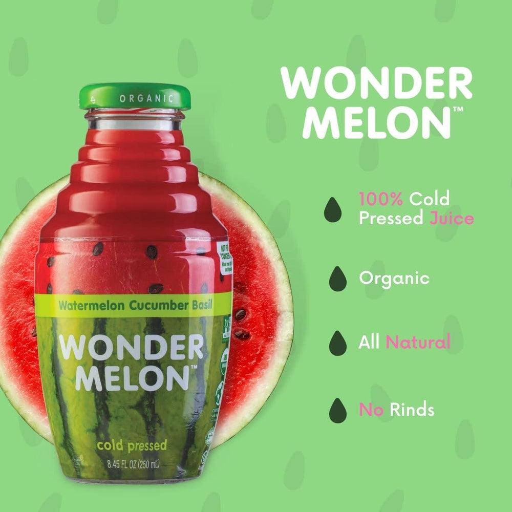 Bottle featuring cucumber and basil twist in Wonder Melon juice.