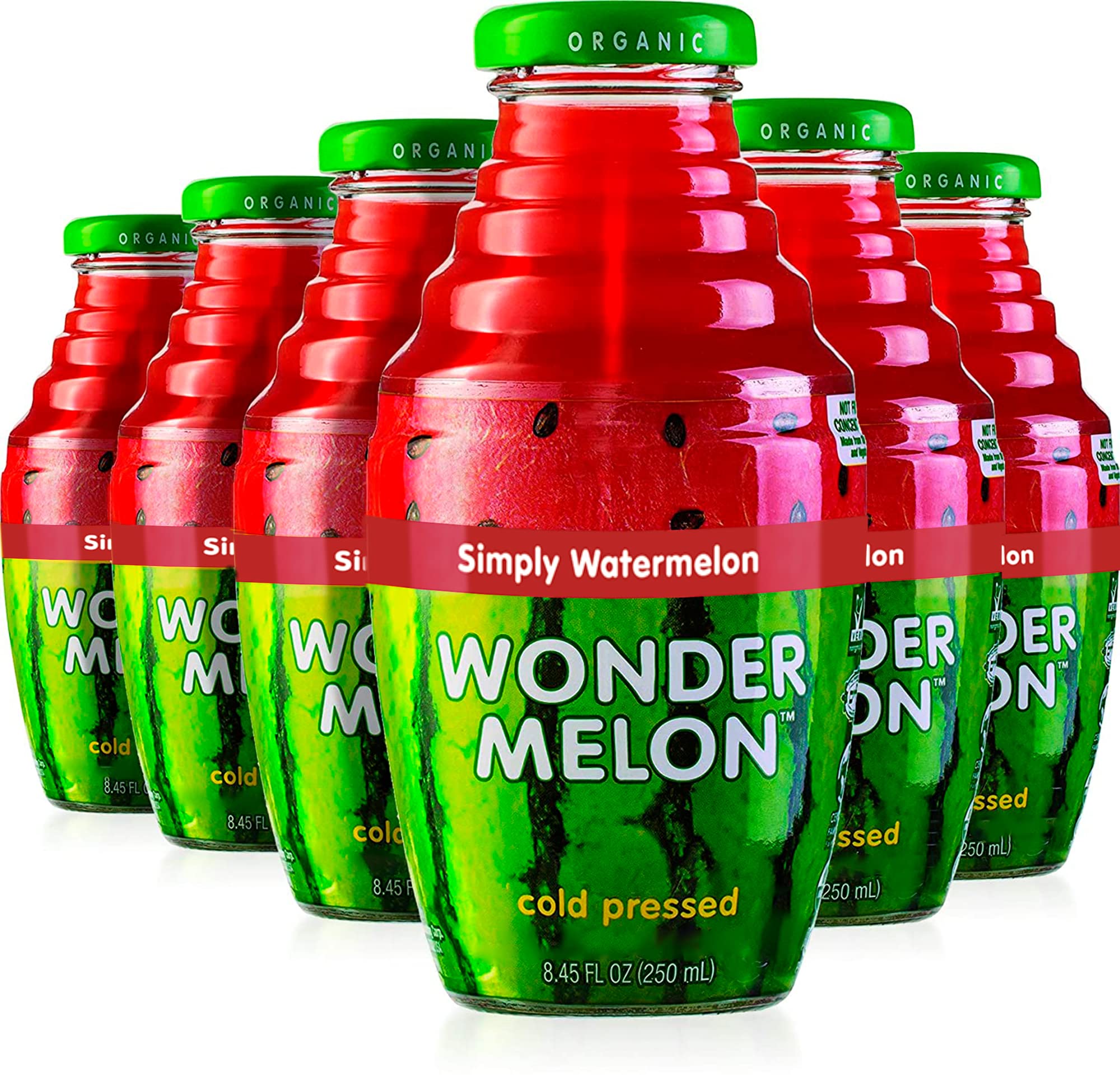 Wonder Melon Organic Watermelon Juice bottle front, refreshing 100% juice in a convenient 8.45oz pack.