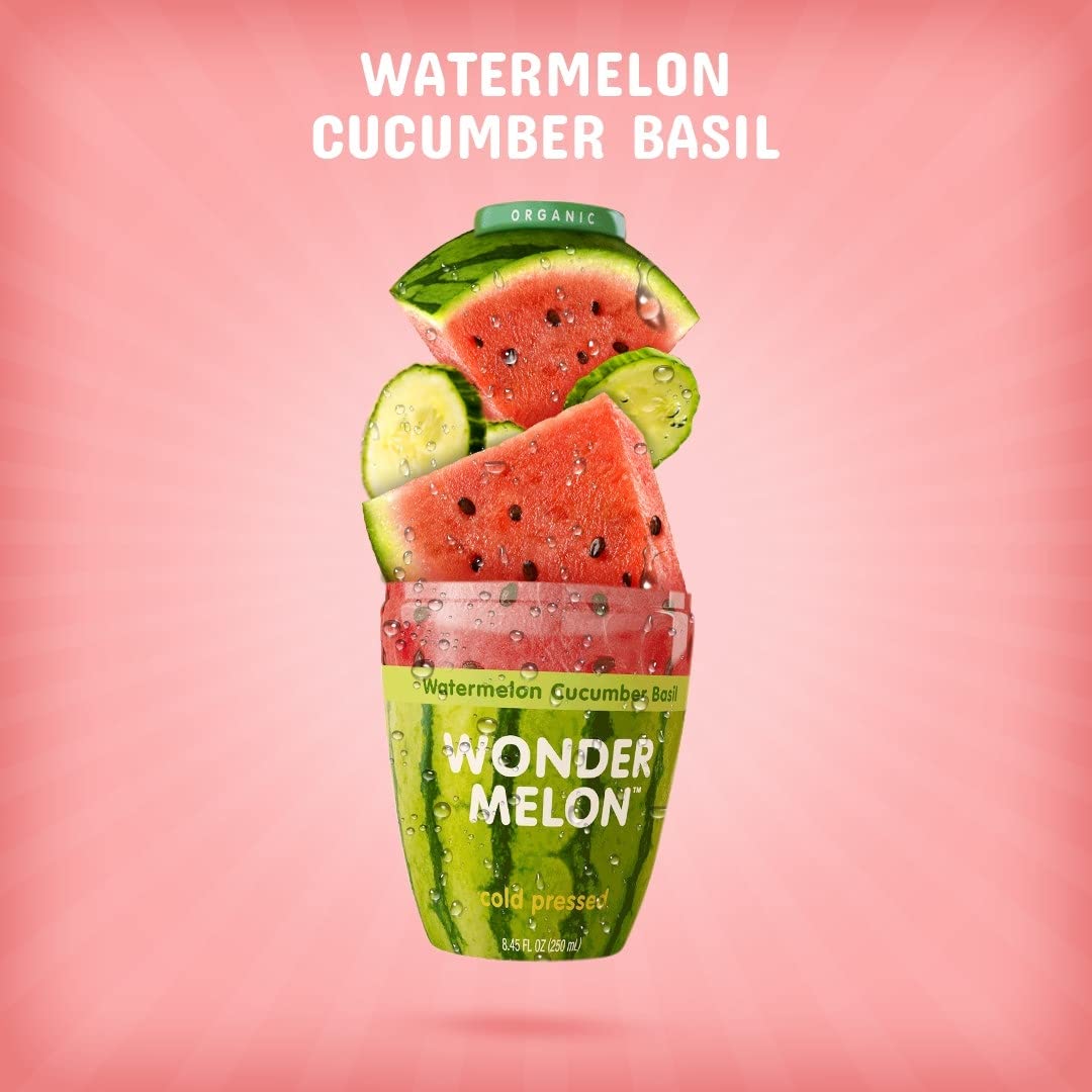 Six-pack display of Wonder Melon organic juice for everyday hydration.