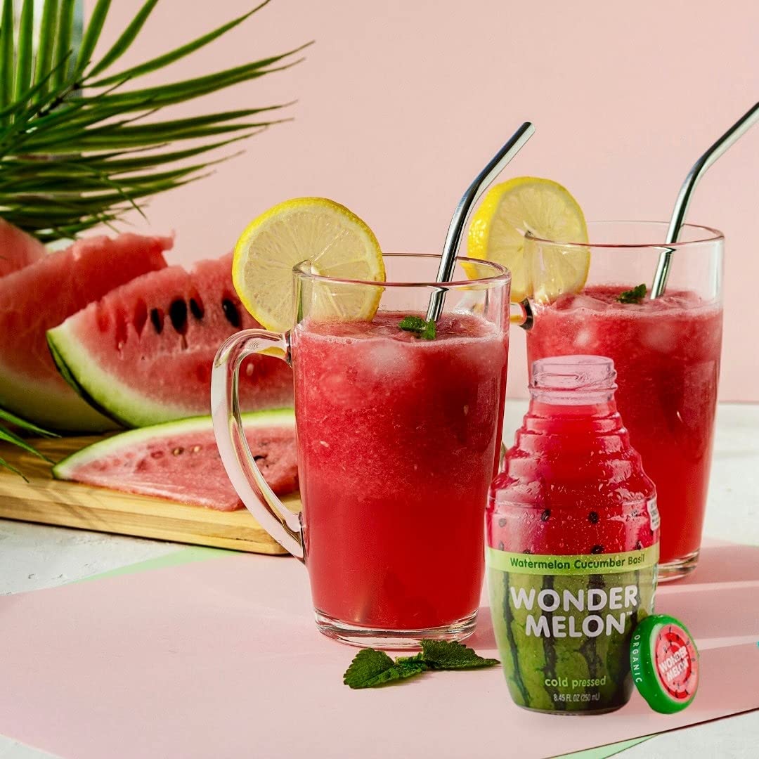 Bottle and glass show rind-free watermelon juice for a clean taste.