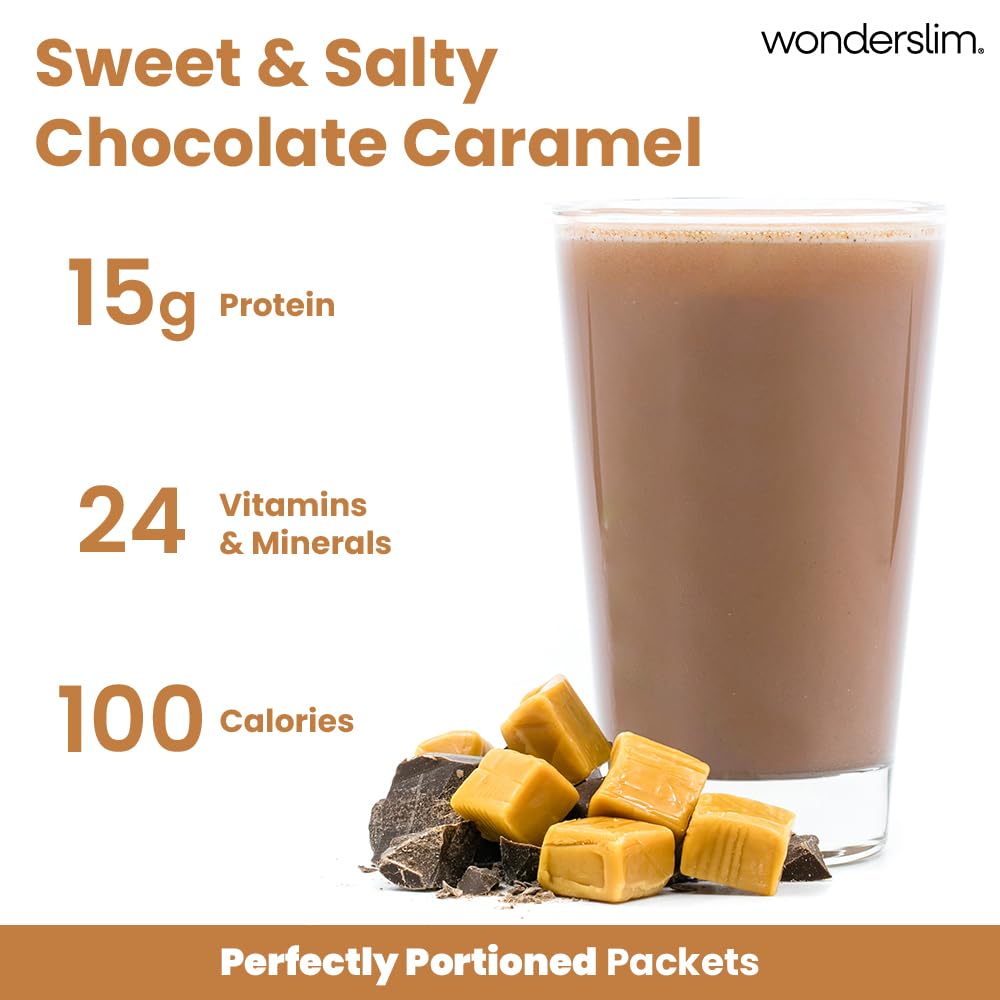 WonderSlim chocolate salted caramel packet front emphasizes 15g protein per serving