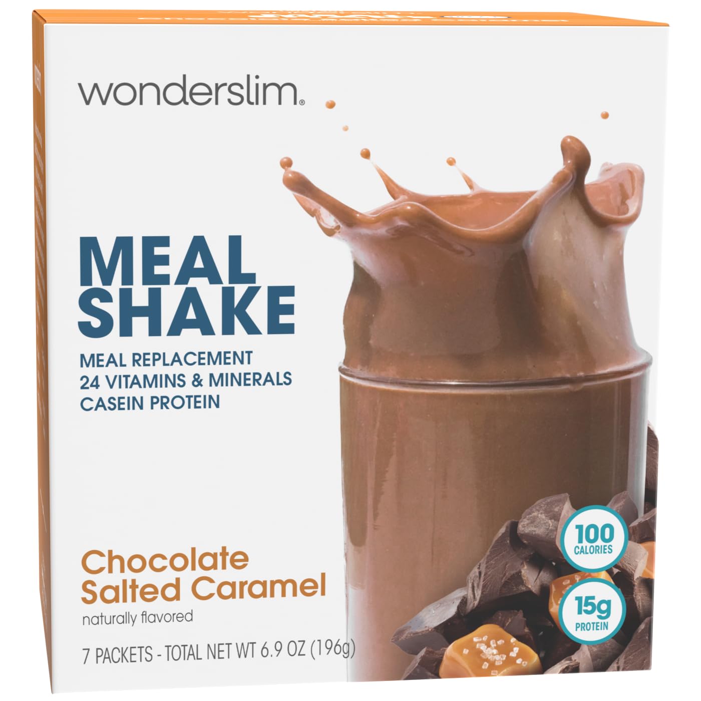 WonderSlim meal replacement shake box showing chocolate salted caramel flavor for convenient daily nourishment