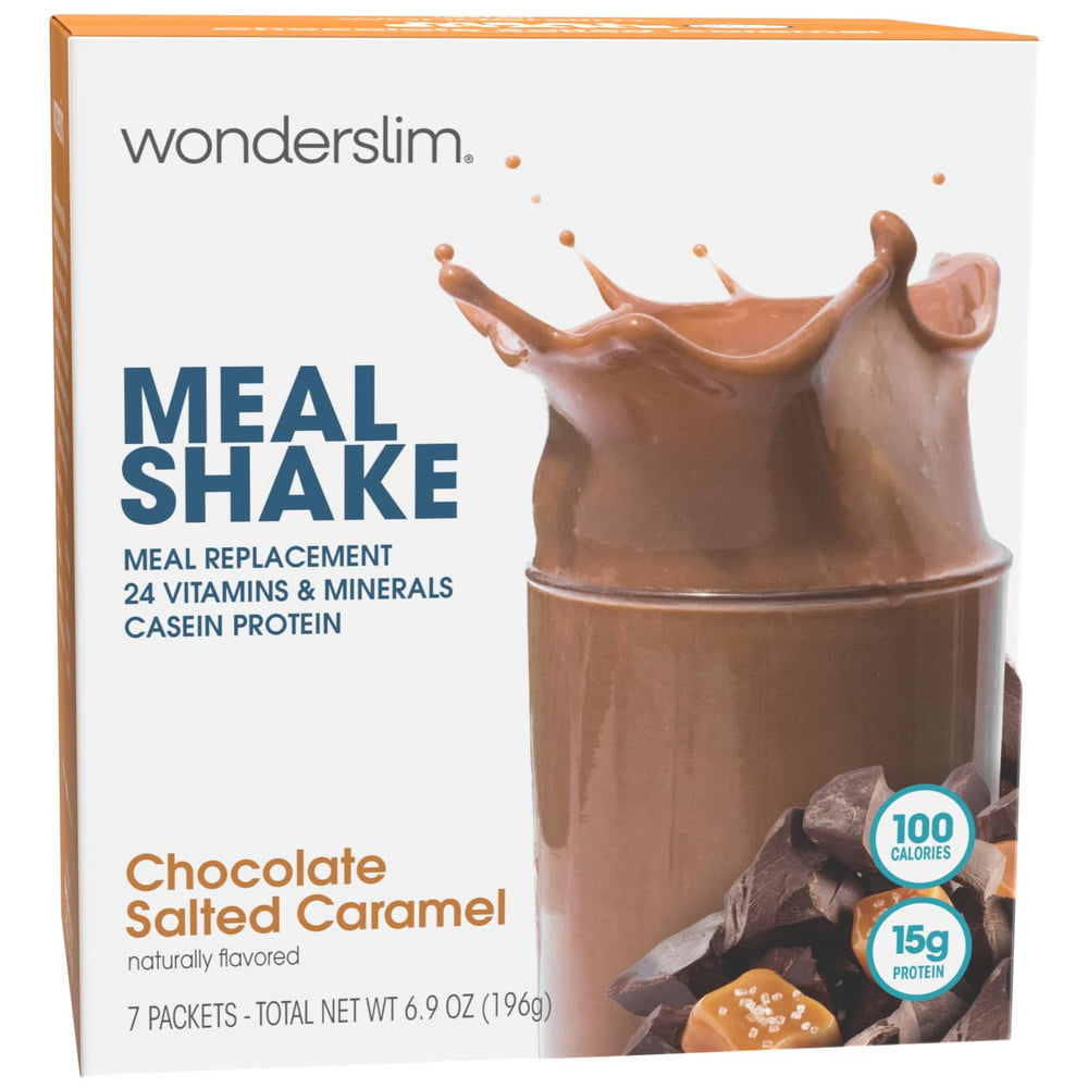 WonderSlim meal replacement shake box showing chocolate salted caramel flavor for convenient daily nourishment