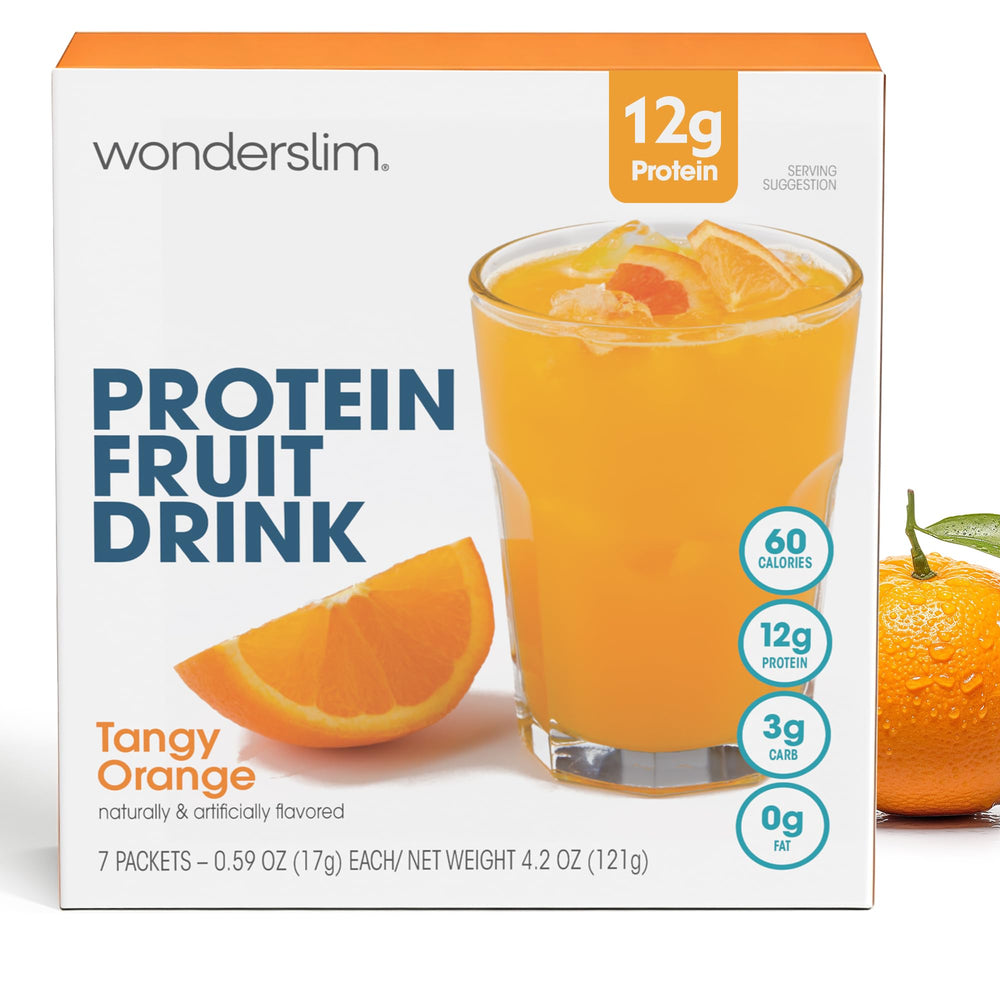 WonderSlim Protein Fruit Drink Tangy Orange canister shows protein boost for busy mornings.