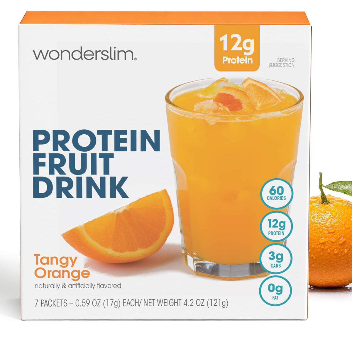 WonderSlim Protein Fruit Drink Tangy Orange canister shows protein boost for busy mornings.