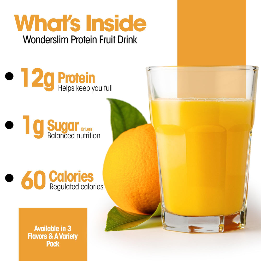 WonderSlim Tangy Orange glass highlights refreshing, low-calorie fruit drink option.