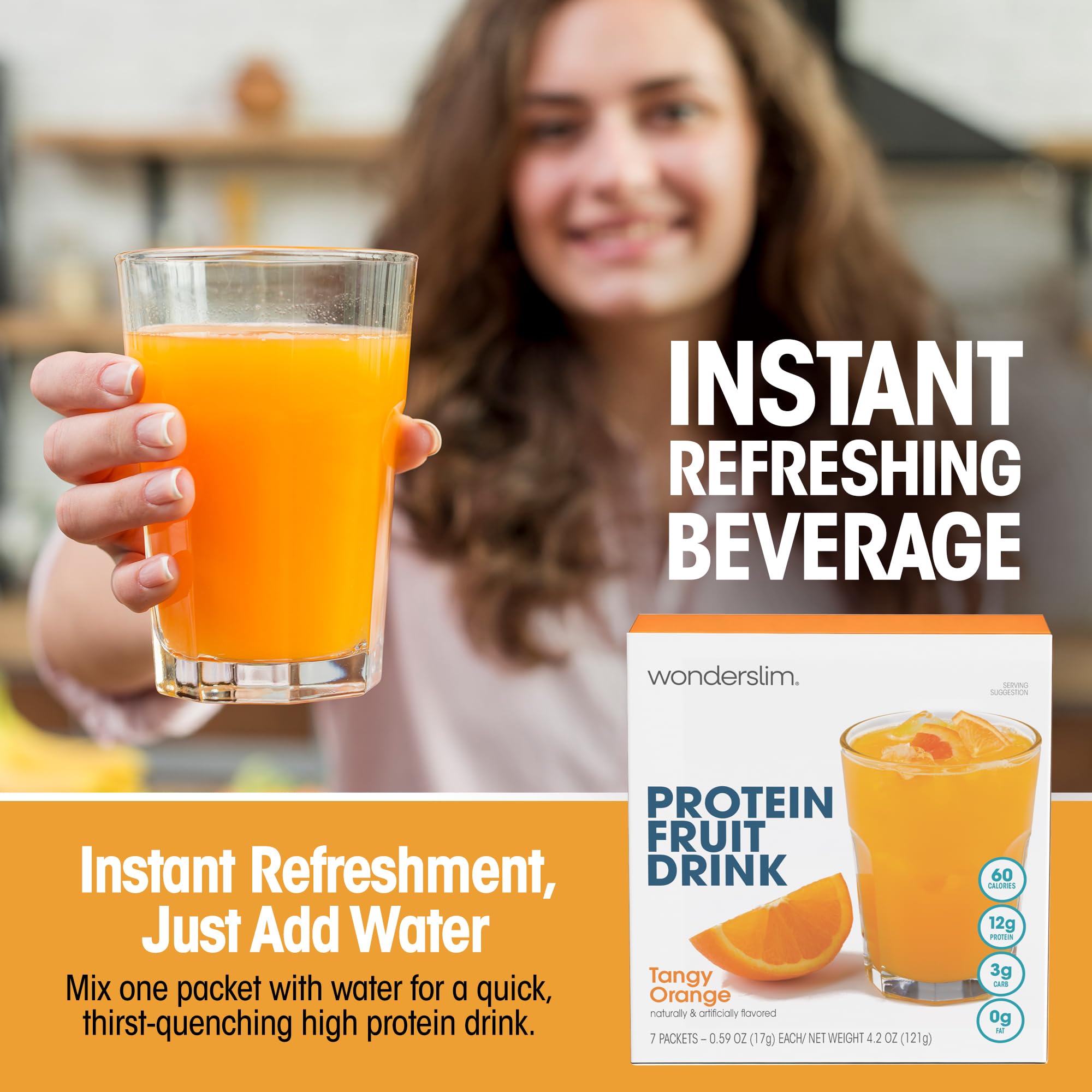 WonderSlim Tangy Orange ingredients panel showcases gluten-free, low-carb protein option.