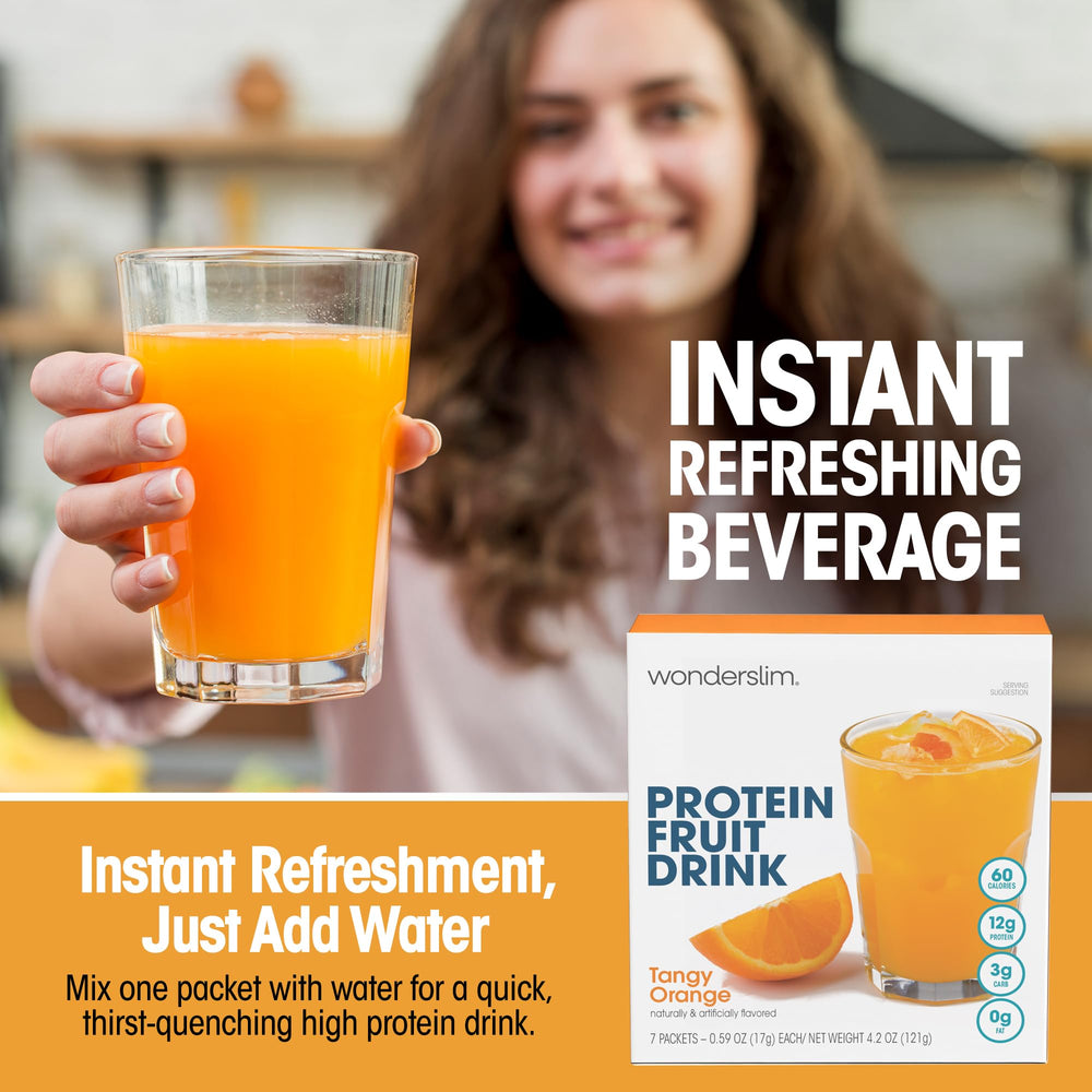WonderSlim Tangy Orange ingredients panel showcases gluten-free, low-carb protein option.