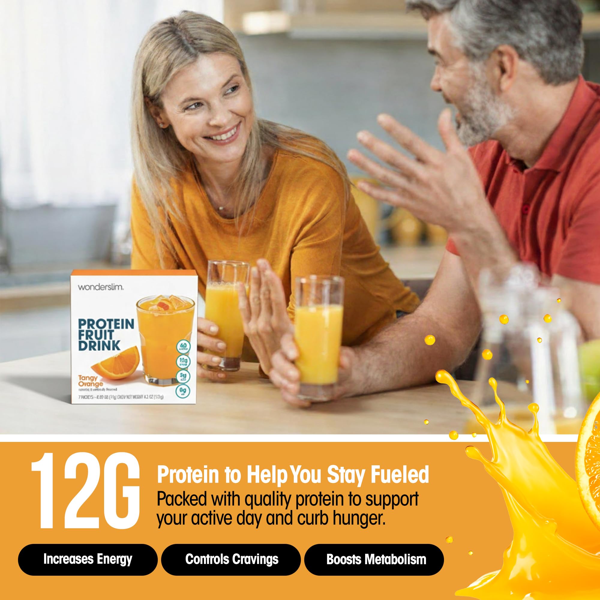 WonderSlim Tangy Orange on-the-go pack demonstrates convenient fitness snack anywhere.