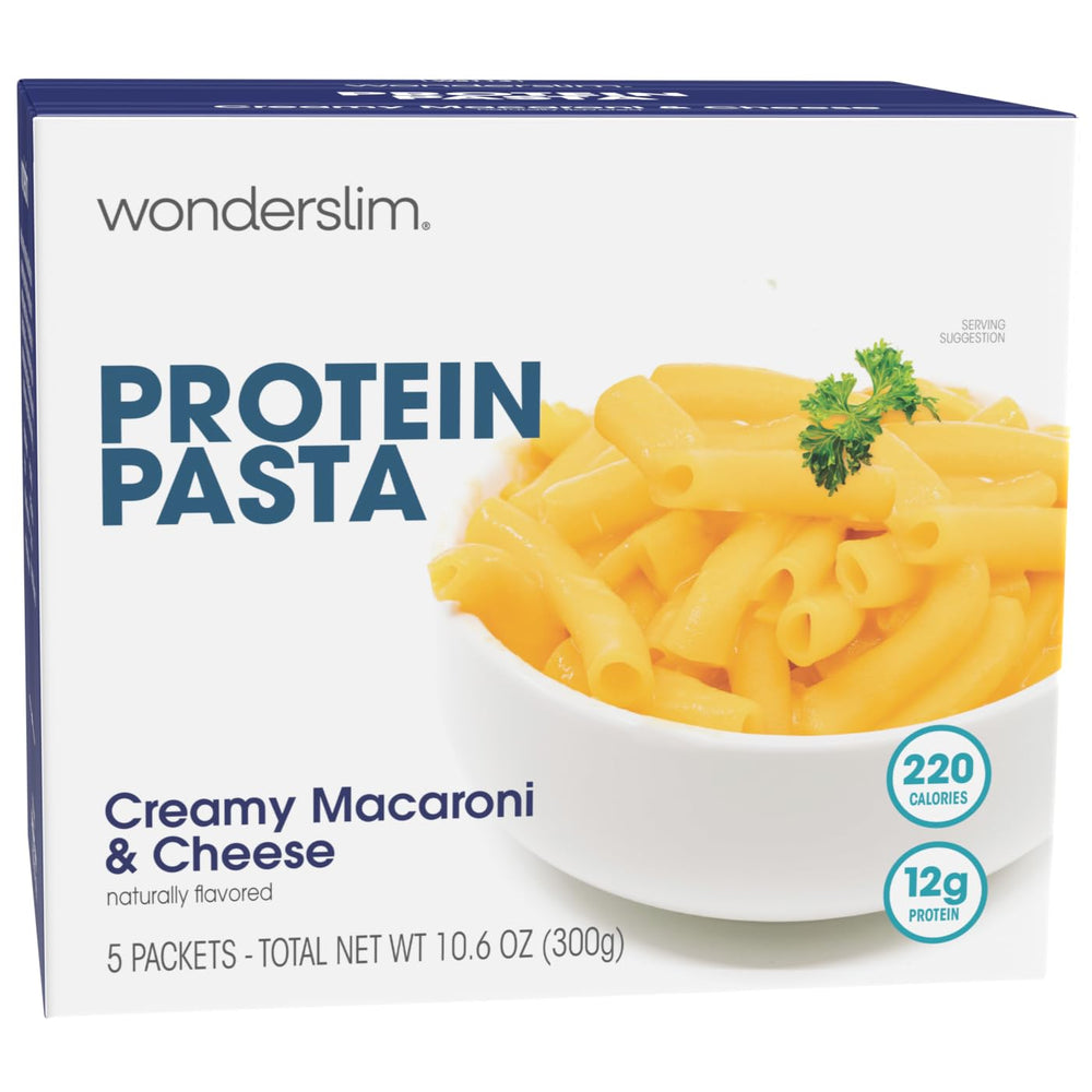 WonderSlim Protein Pasta packaging on shelf showing convenient 5-serving box for quick meals.