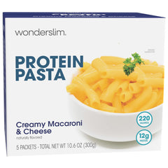 WonderSlim Protein Pasta packaging on shelf showing convenient 5-serving box for quick meals.