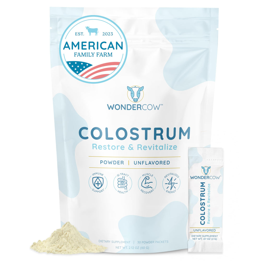 WONDERCOW Colostrum powder bottle showing pure whole colostrum for gut health support