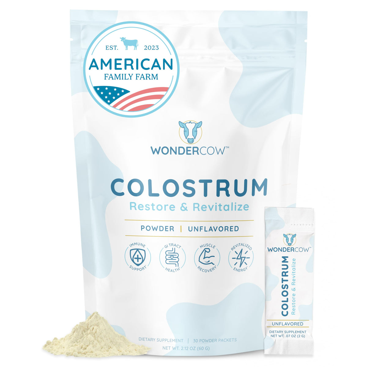 WONDERCOW Colostrum powder bottle showing pure whole colostrum for gut health support