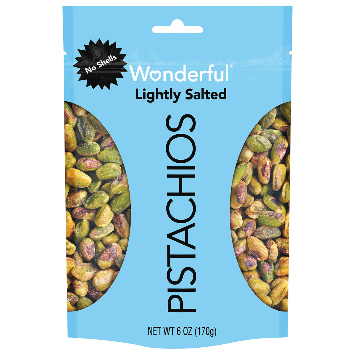 Wonderful Pistachios Lightly Salted bag close-up, perfect for on-the-go snacking