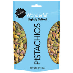 Wonderful Pistachios Lightly Salted bag close-up, perfect for on-the-go snacking