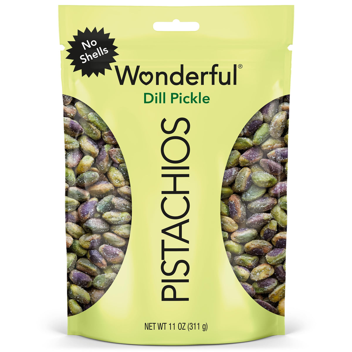 Wonderful Pistachios No Shells Dill Pickle bag front, tangy crunch for on-the-go snacking