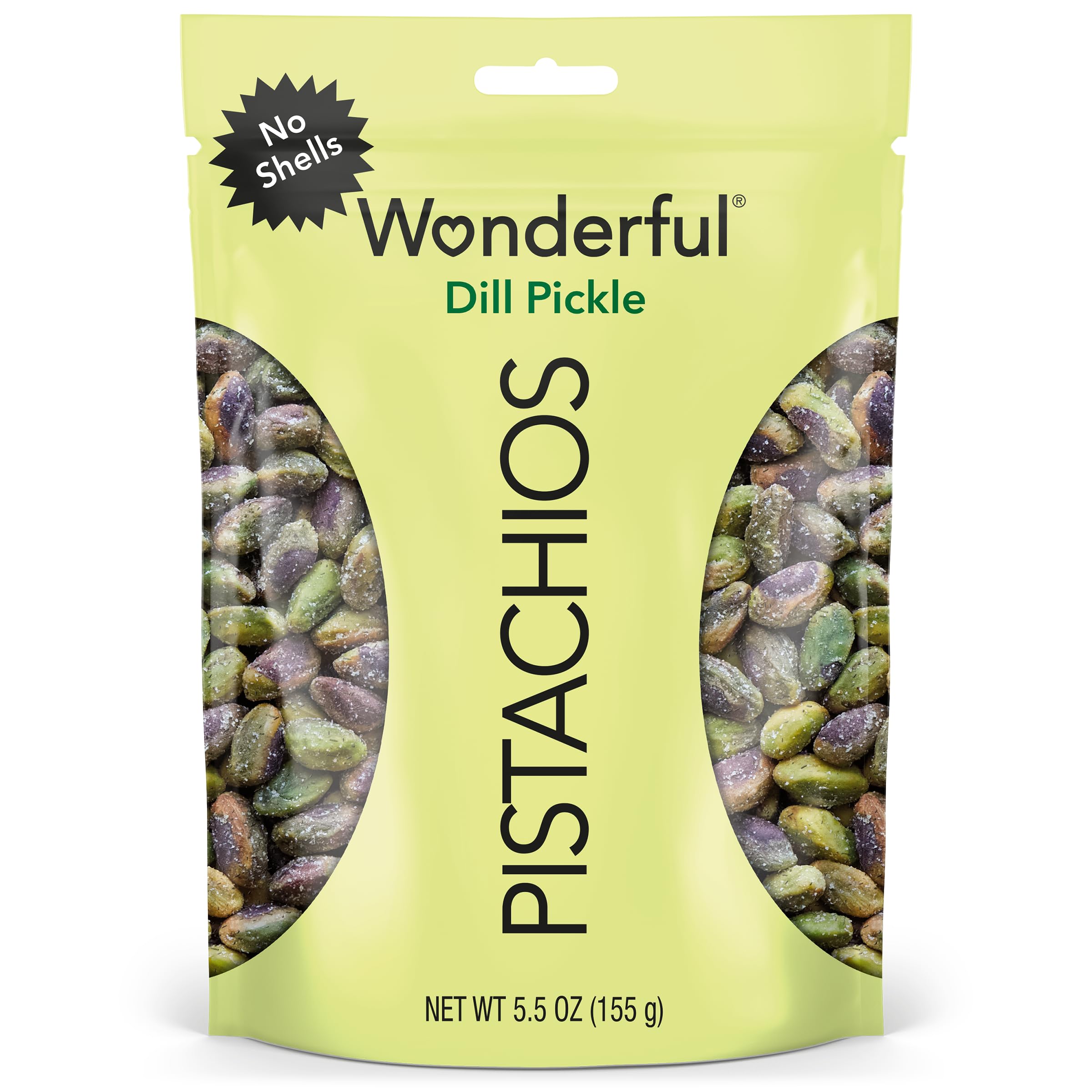 Wonderful Pistachios No Shells Dill Pickle bag close-up showing dill aroma and crunch.