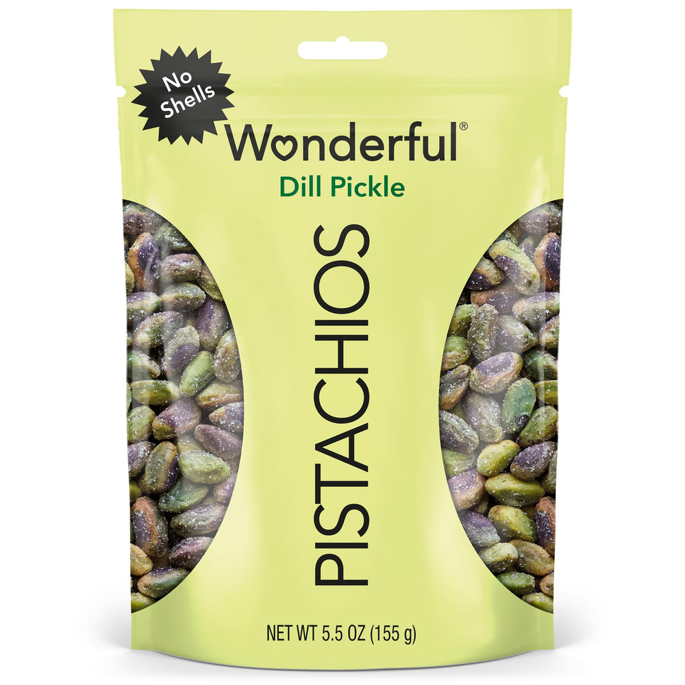 Wonderful Pistachios No Shells Dill Pickle bag close-up showing dill aroma and crunch.