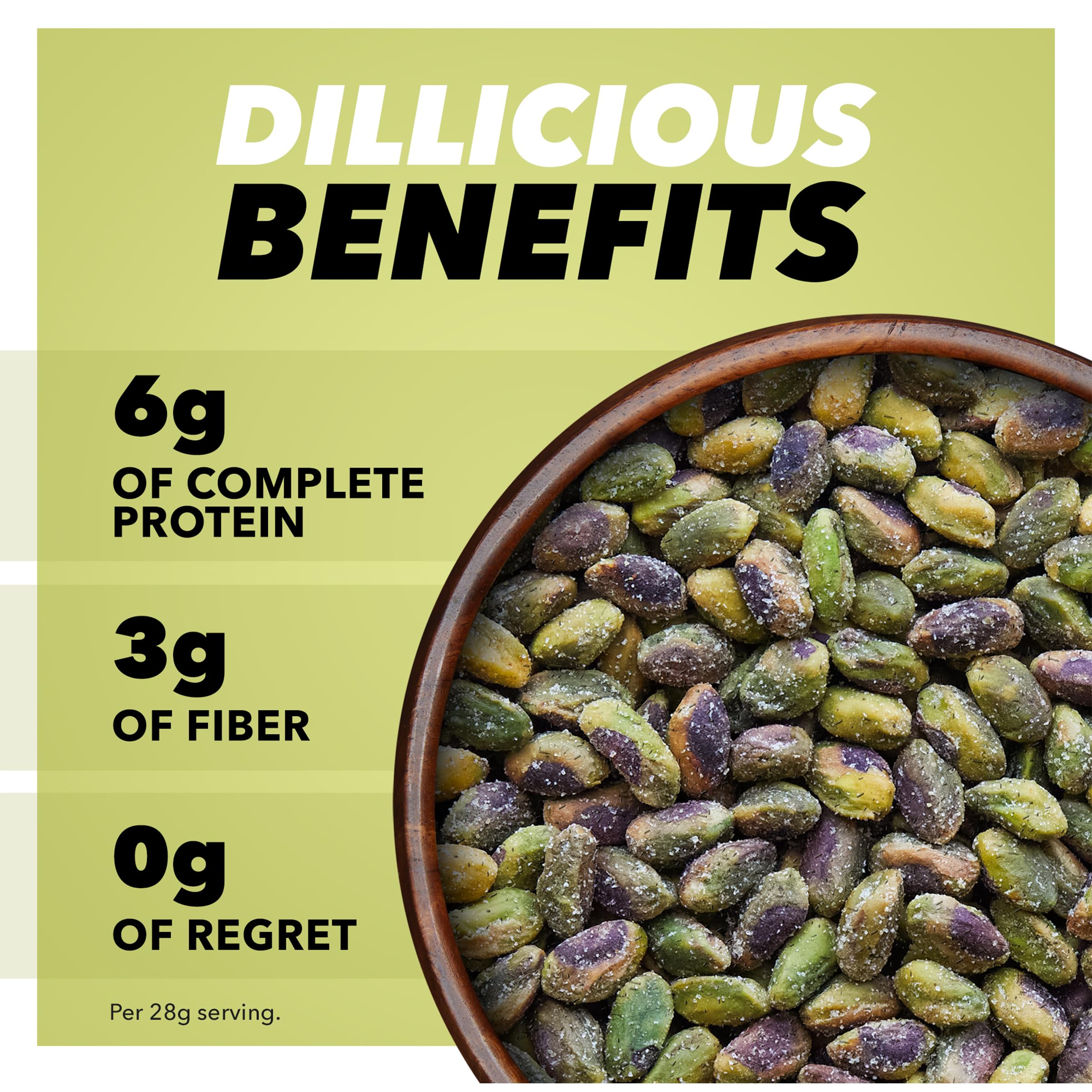 Closeup of Wonderful Pistachios No Shells Dill Pickle nuts, bold dill flavor and crunch