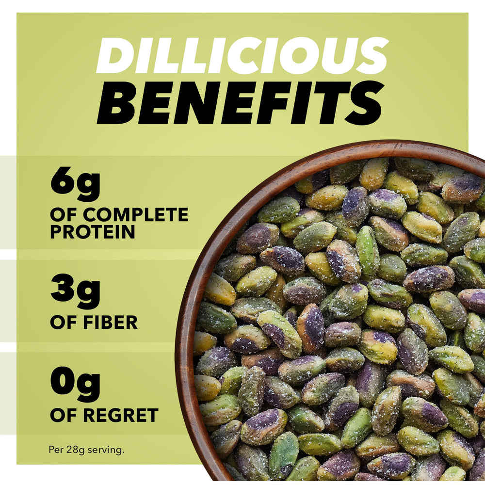 Closeup of Wonderful Pistachios No Shells Dill Pickle nuts, bold dill flavor and crunch