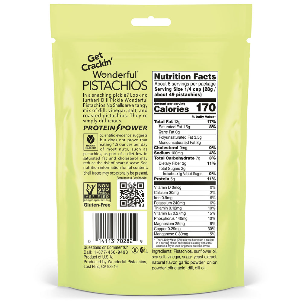 Gluten-free certification on Wonderful Pistachios No Shells Dill Pickle bag.