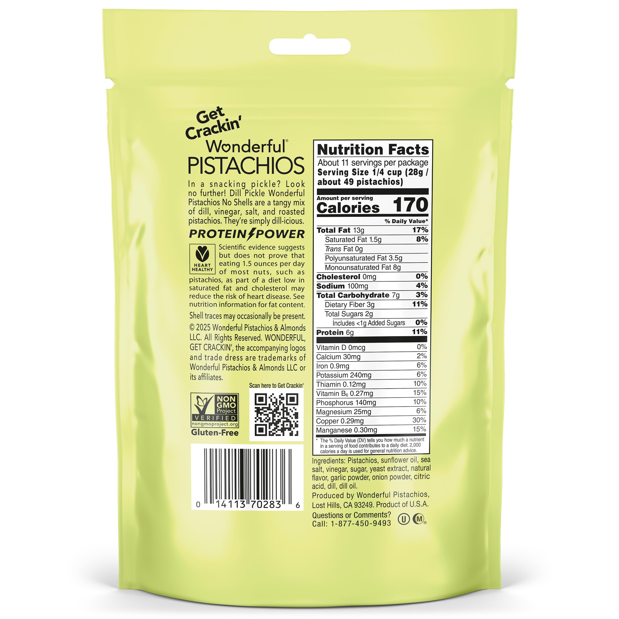 Wonderful Pistachios No Shells Dill Pickle, kosher and halal certified packaging icons