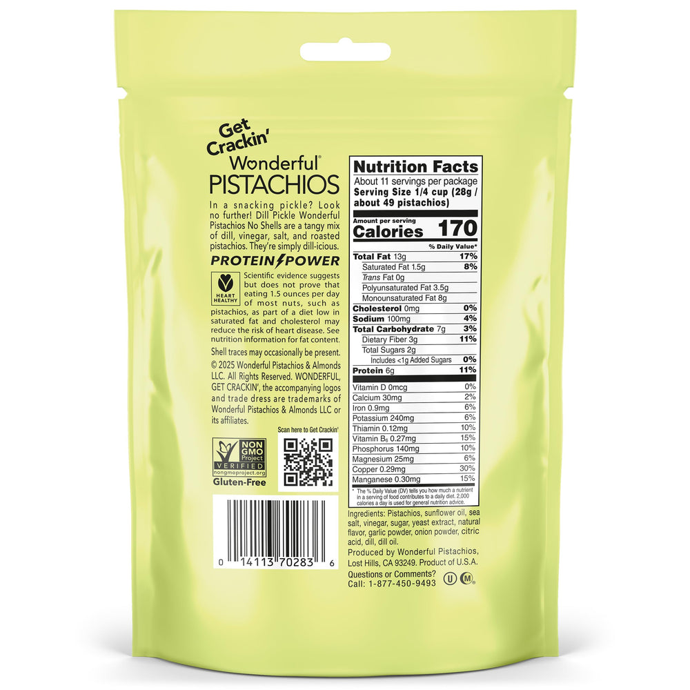 Wonderful Pistachios No Shells Dill Pickle, kosher and halal certified packaging icons