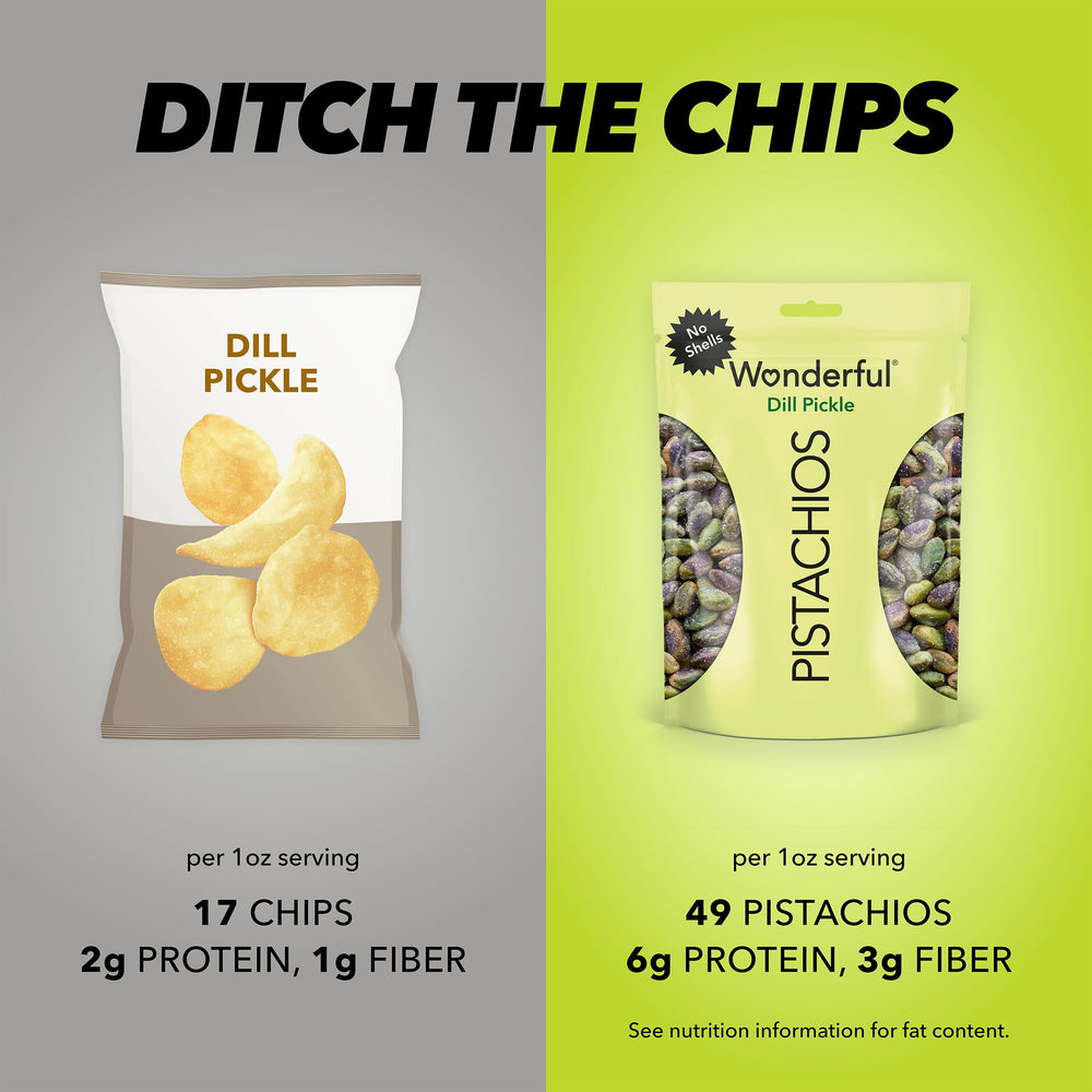 Nutrition label glimpse on Wonderful Pistachios No Shells Dill Pickle, protein and fiber highlighted