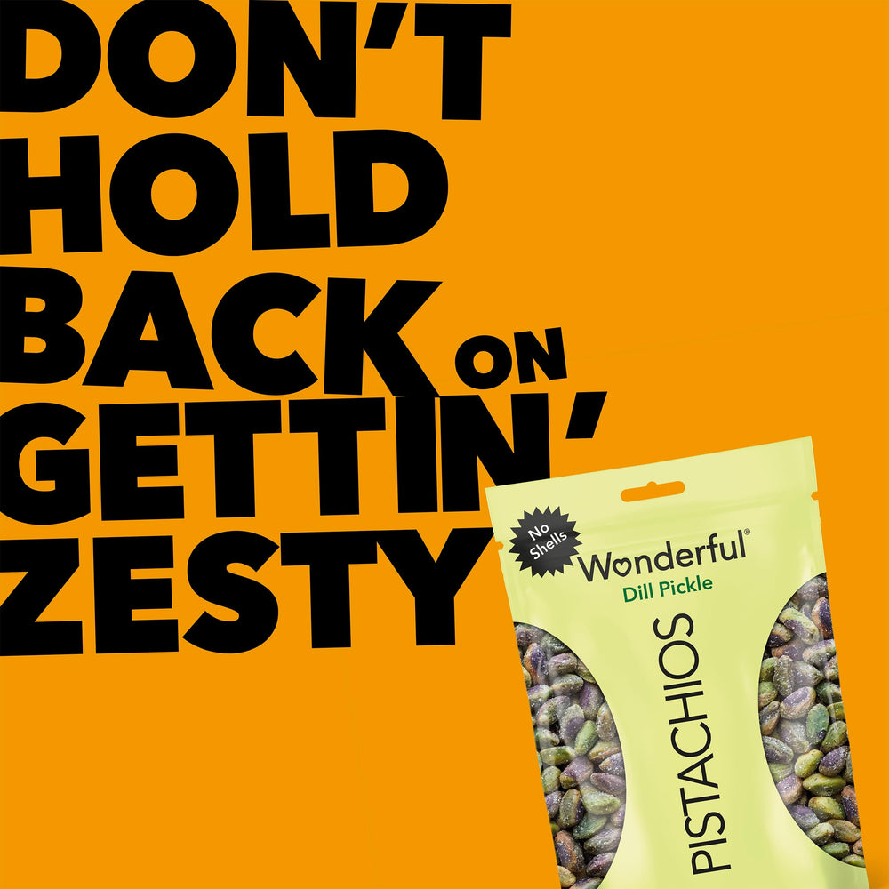 Nutrition panel on Wonderful Pistachios No Shells Dill Pickle highlighting protein and fiber.
