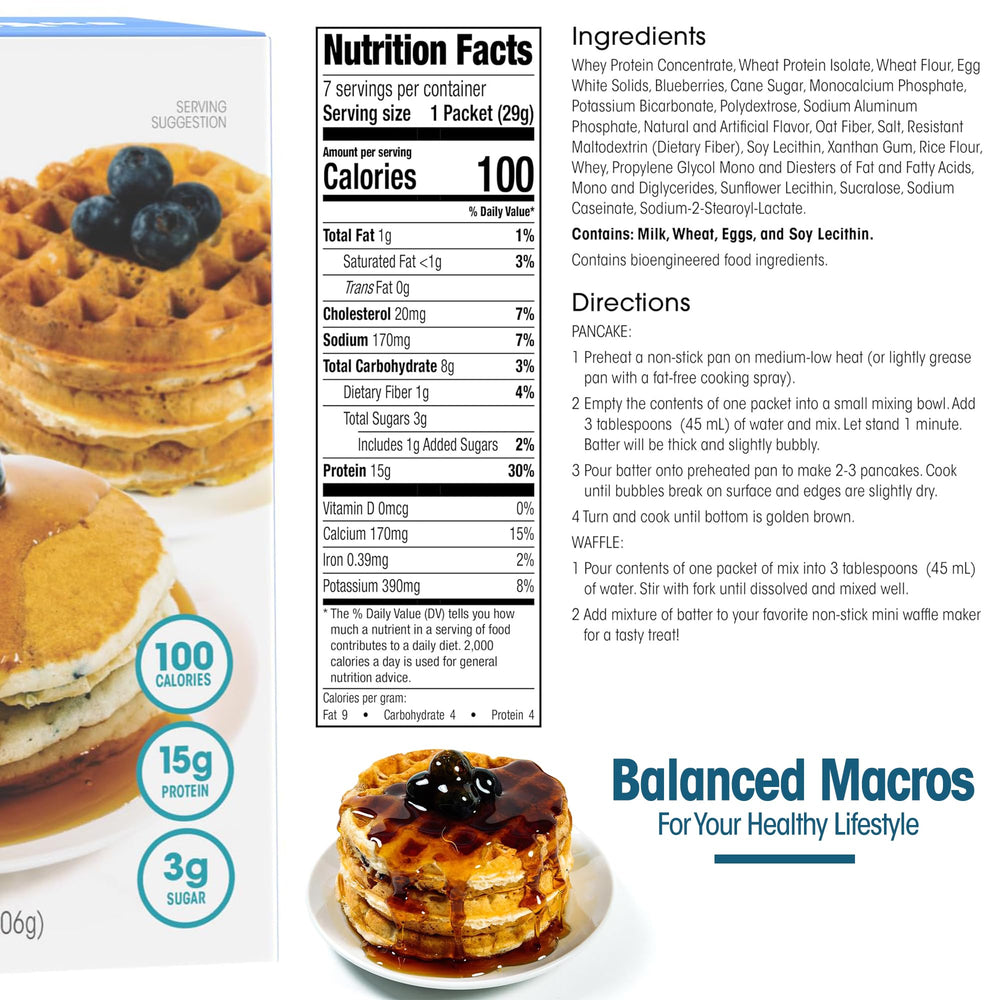 WonderSlim blueberry pancake closeup highlights fluffy texture and low sugar.
