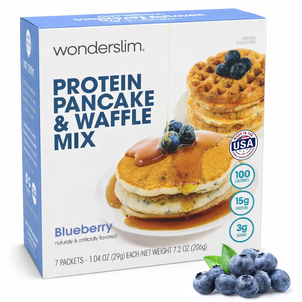 WonderSlim blueberry pancake pour illustrates a quick, high-protein breakfast option.