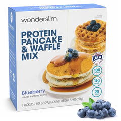 WonderSlim blueberry pancake pour illustrates a quick, high-protein breakfast option.
