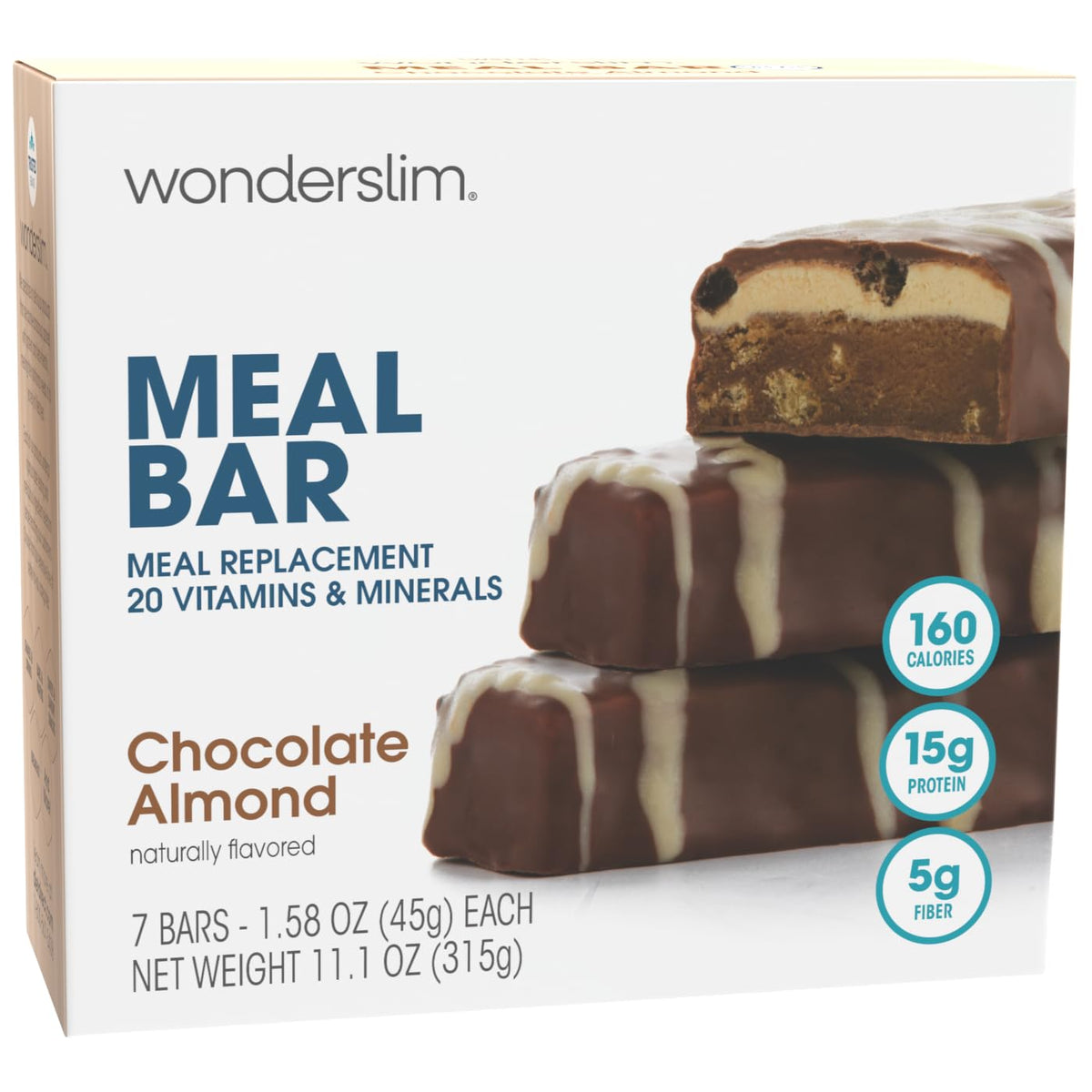 WonderSlim chocolate almond bar front packaging shows ready-to-eat meal replacement