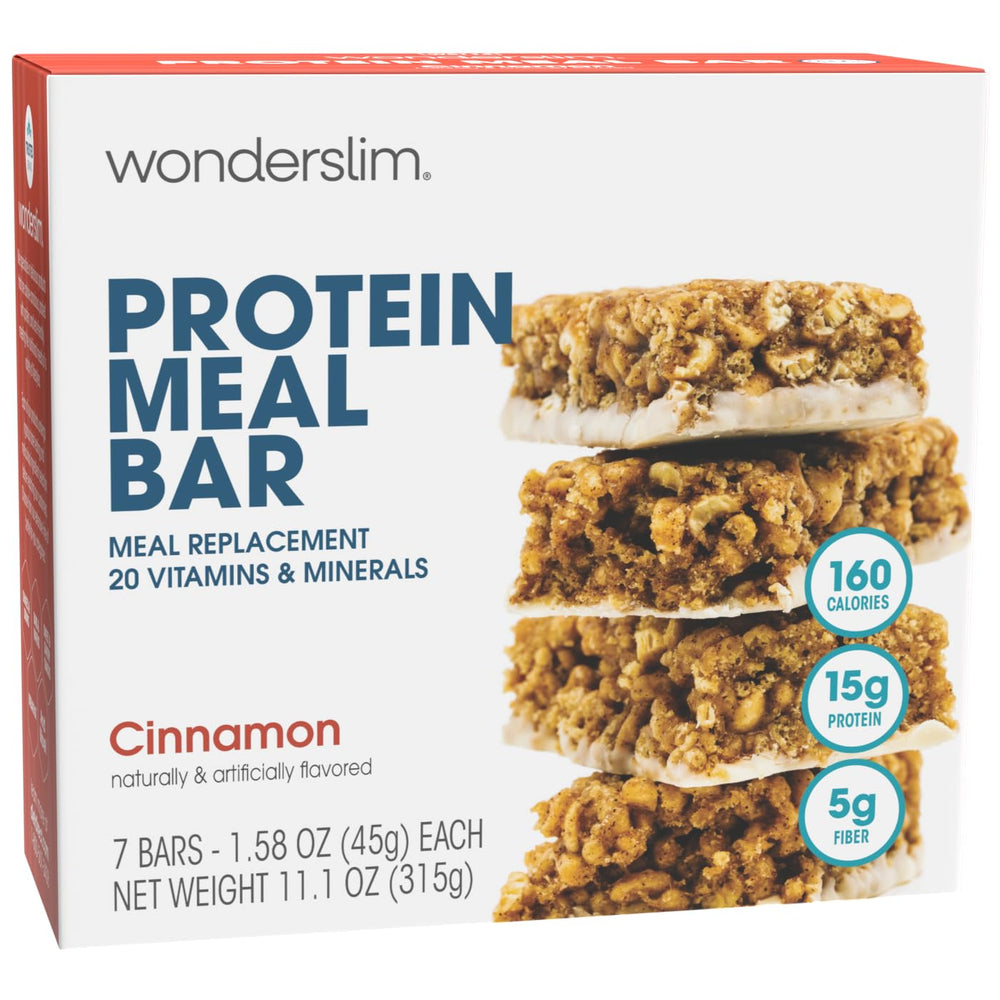 WonderSlim Cinnamon Bar pack shown for convenient on-the-go meal replacement