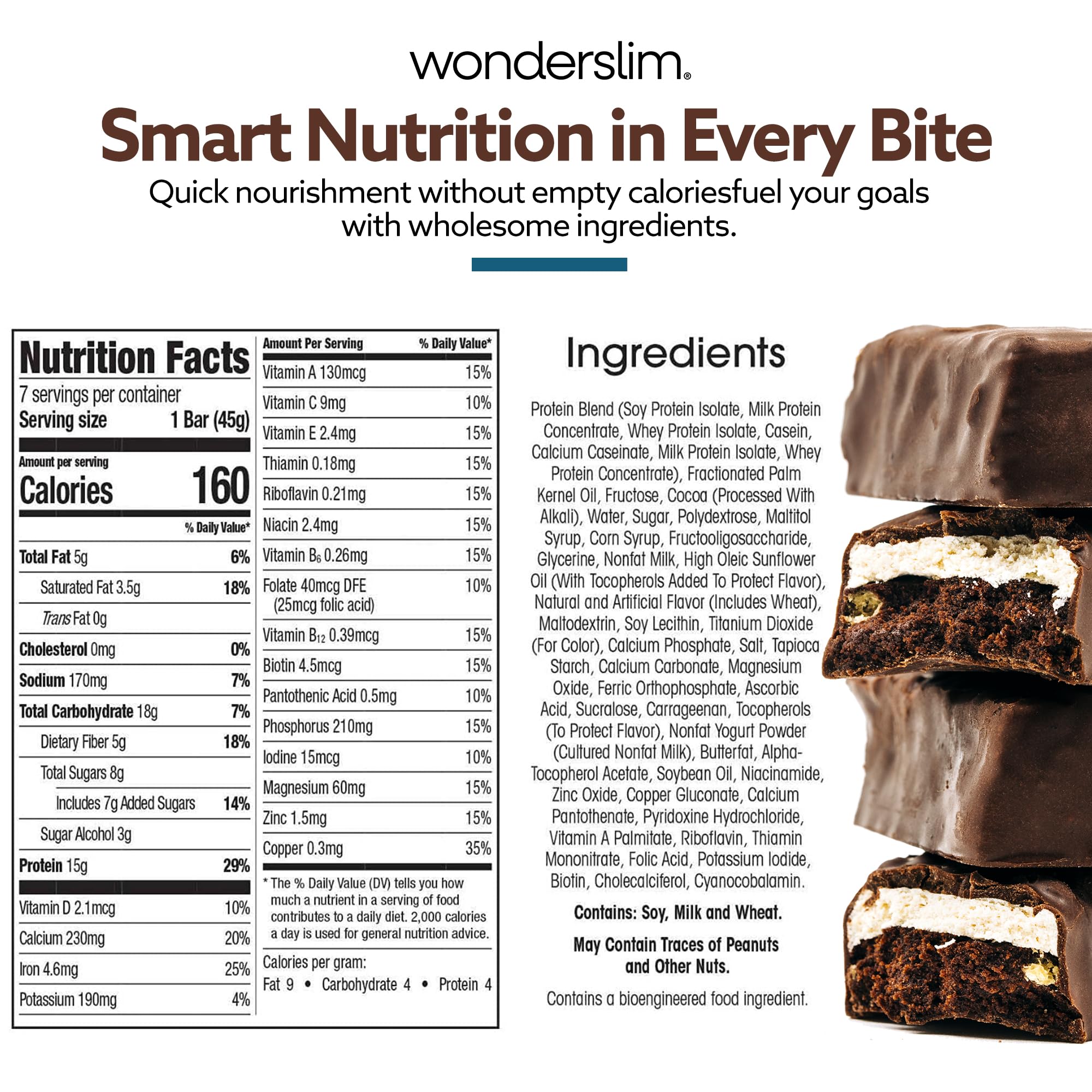 WonderSlim Dark Chocolate S'mores bar close-up reveals rich texture and marshmallow bits.