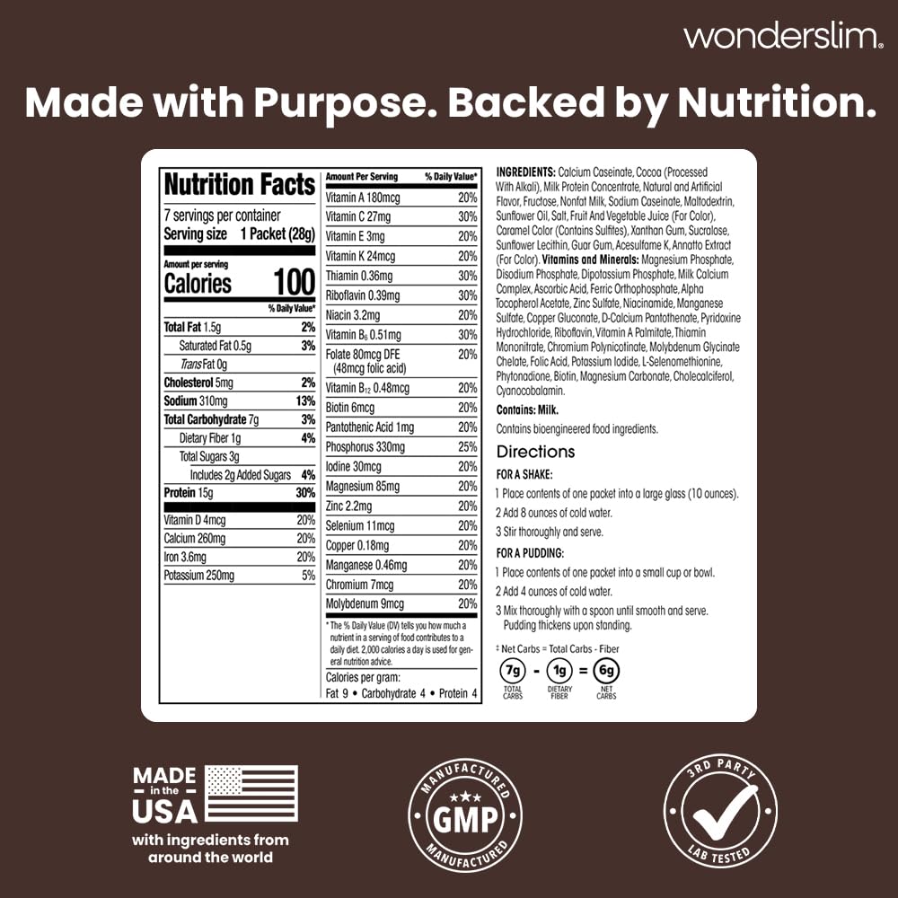 WonderSlim Dark Cocoa Cream tub displays 15g protein per serving.