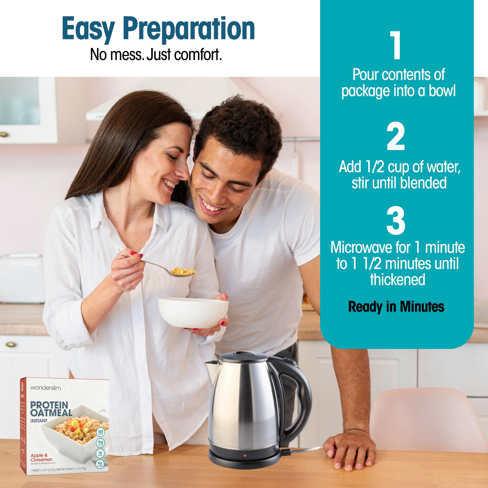 WonderSlim Instant Protein Oatmeal Apple Cinnamon microwave-prep image showing quick heat-and-eat