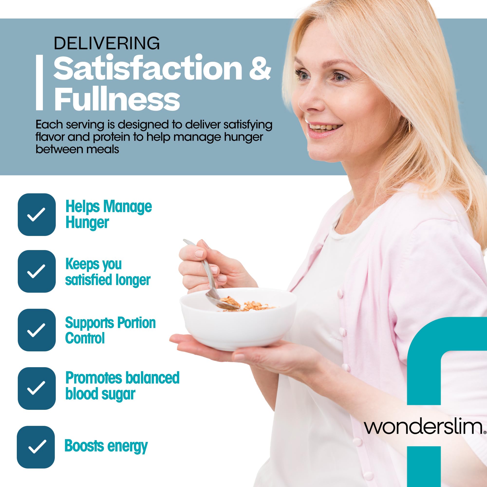 WonderSlim Instant Protein Oatmeal Apple Cinnamon nutrition facts highlight 15g protein per serving