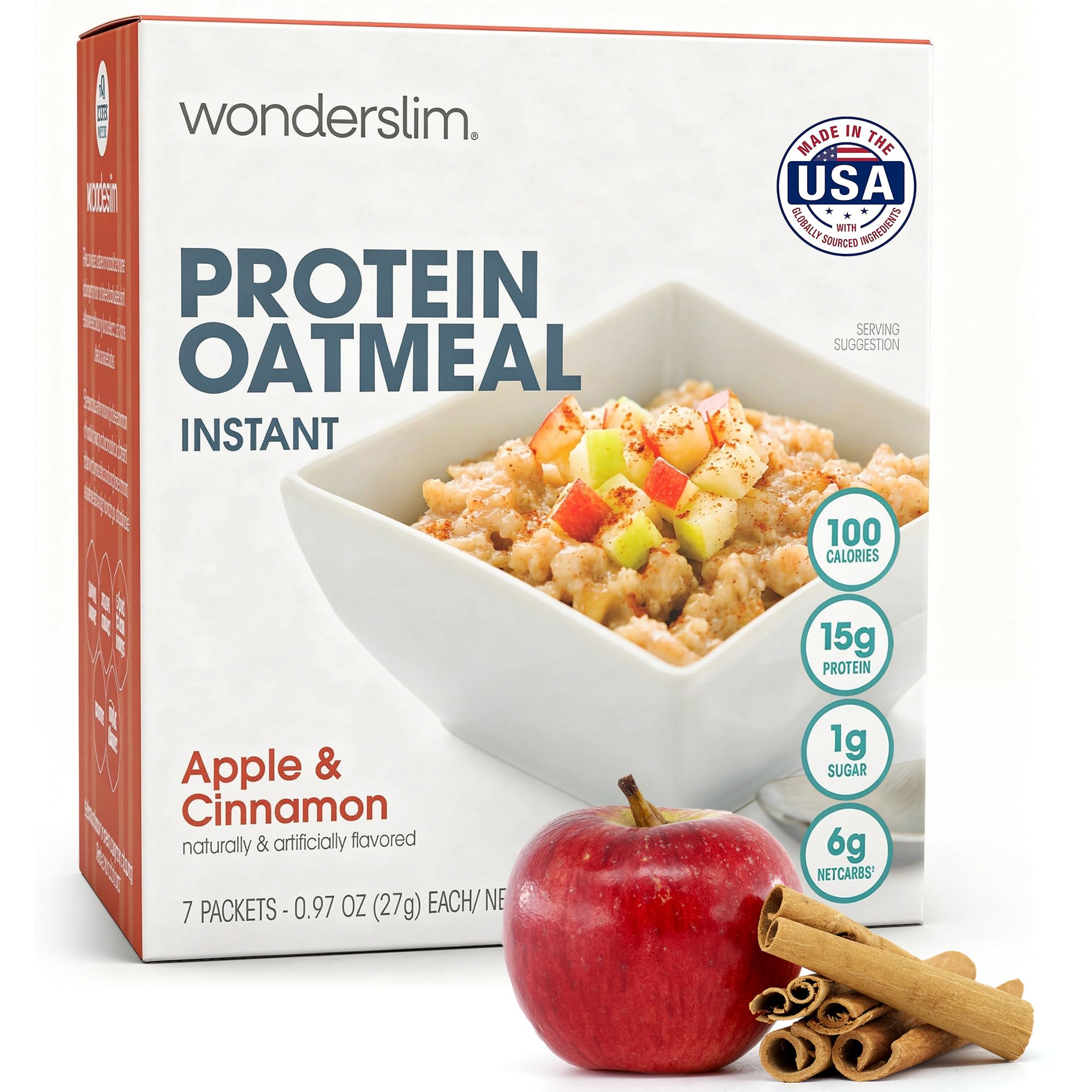 WonderSlim Instant Protein Oatmeal Apple Cinnamon packaging highlights gluten-free, low-carb breakfast option