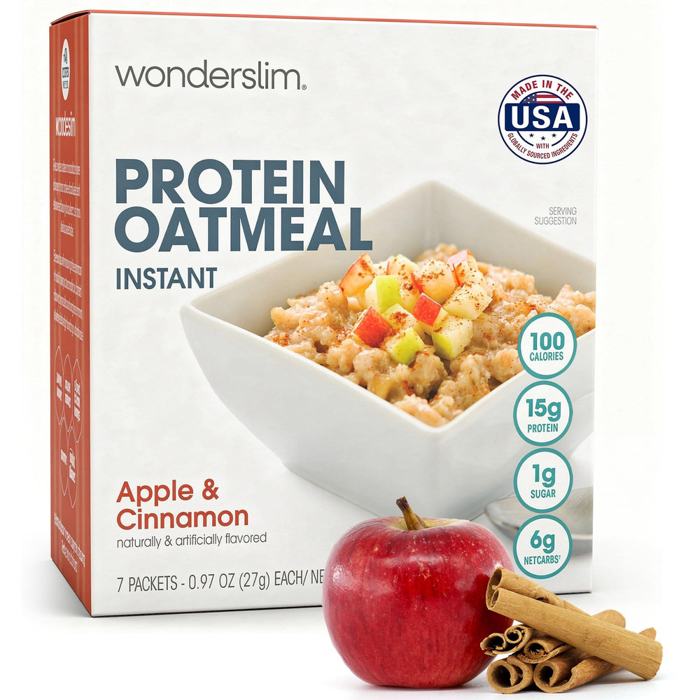WonderSlim Instant Protein Oatmeal Apple Cinnamon packaging highlights gluten-free, low-carb breakfast option