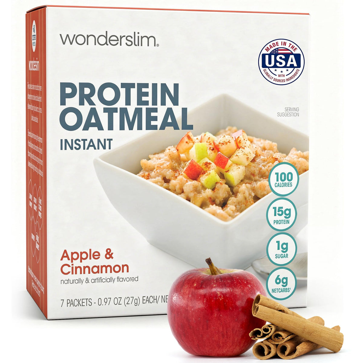 WonderSlim Instant Protein Oatmeal Apple Cinnamon packaging highlights gluten-free, low-carb breakfast option