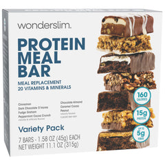 WonderSlim meal-replacement bar variety pack close-up shows texture and flavors for on-the-go meals