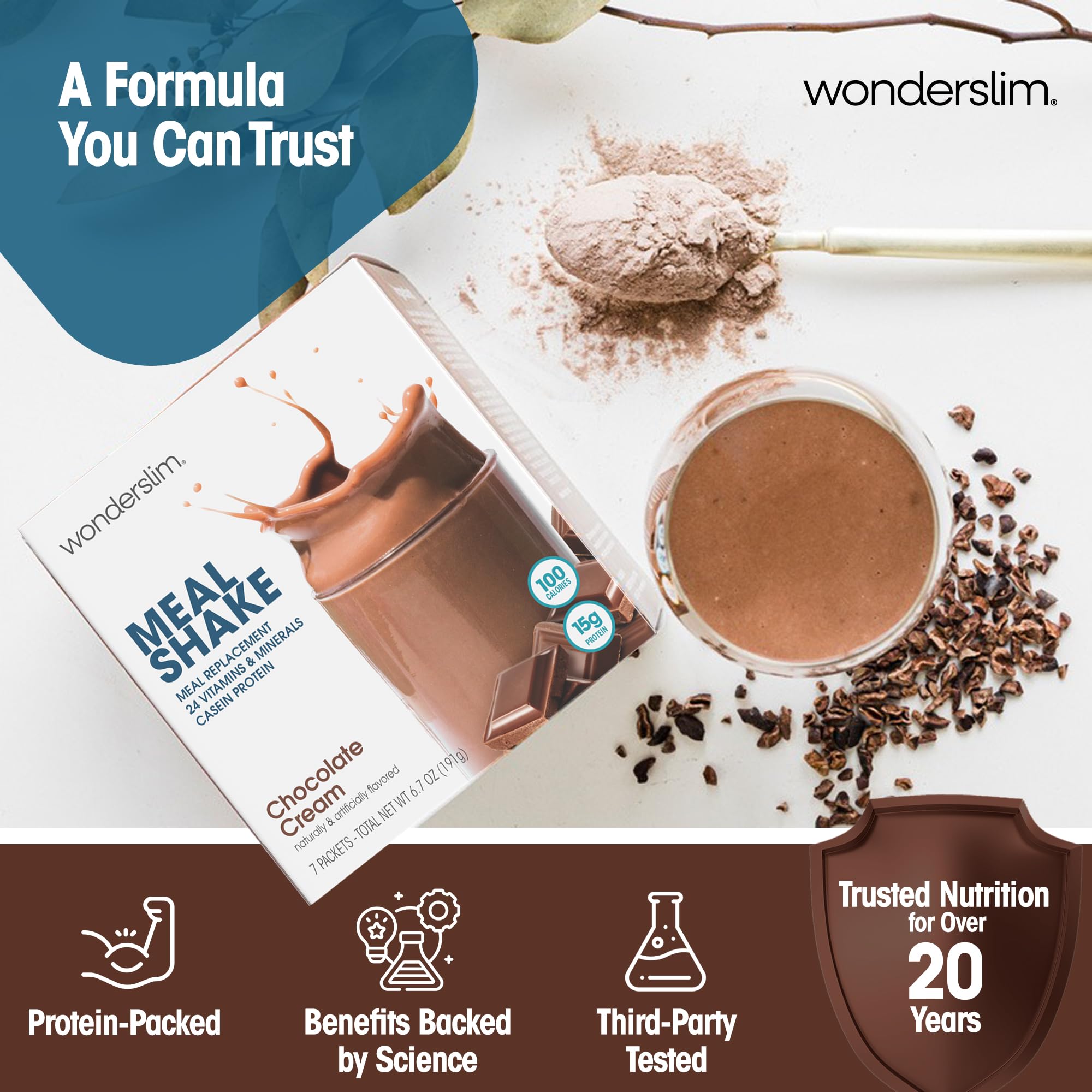 Close-up of WonderSlim chocolate cream shake in a glass showing creaminess.