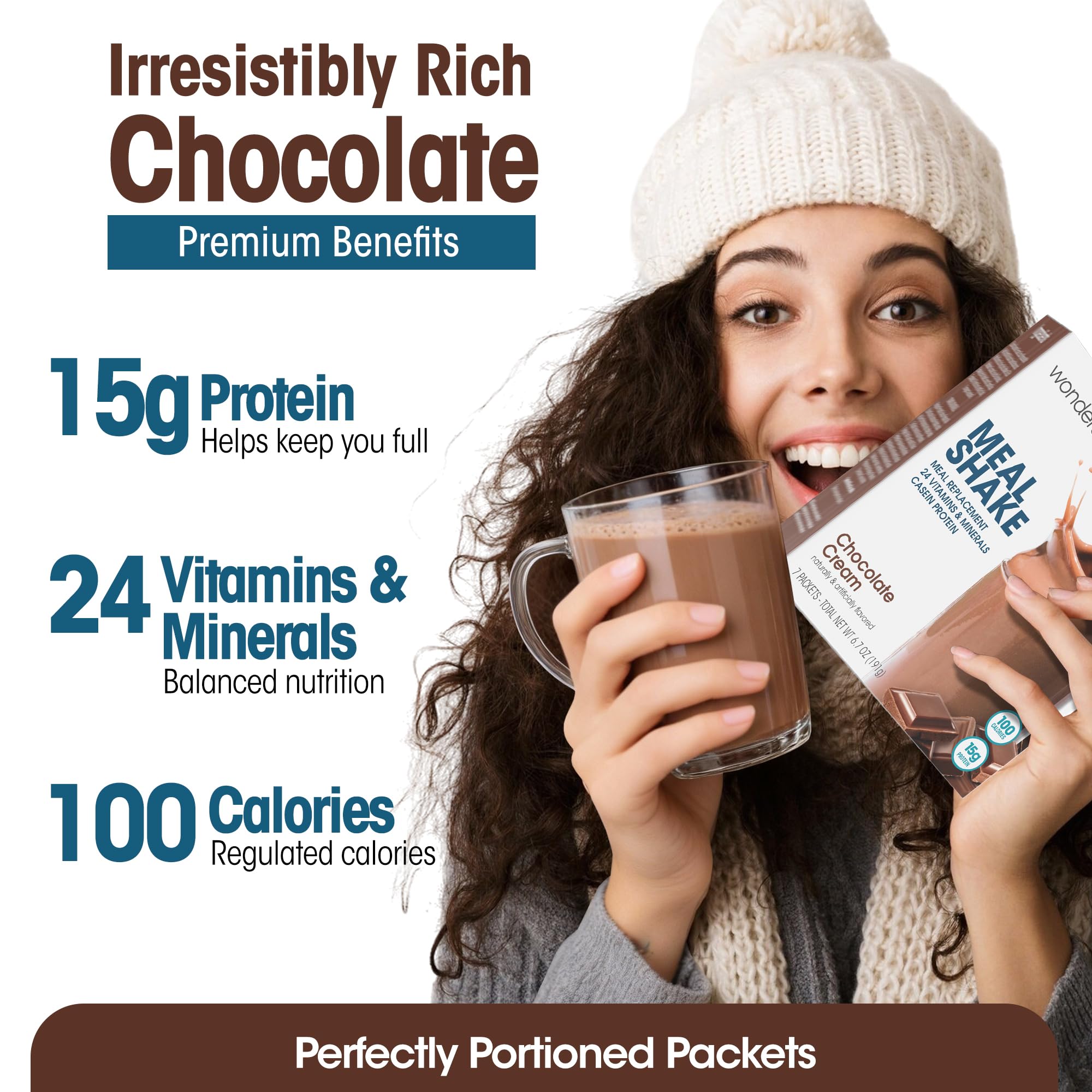Nutrition facts on WonderSlim packaging reveal 15 g protein and 24 vitamins.