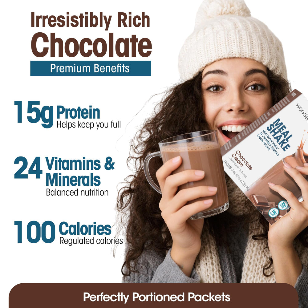 Nutrition facts on WonderSlim packaging reveal 15 g protein and 24 vitamins.