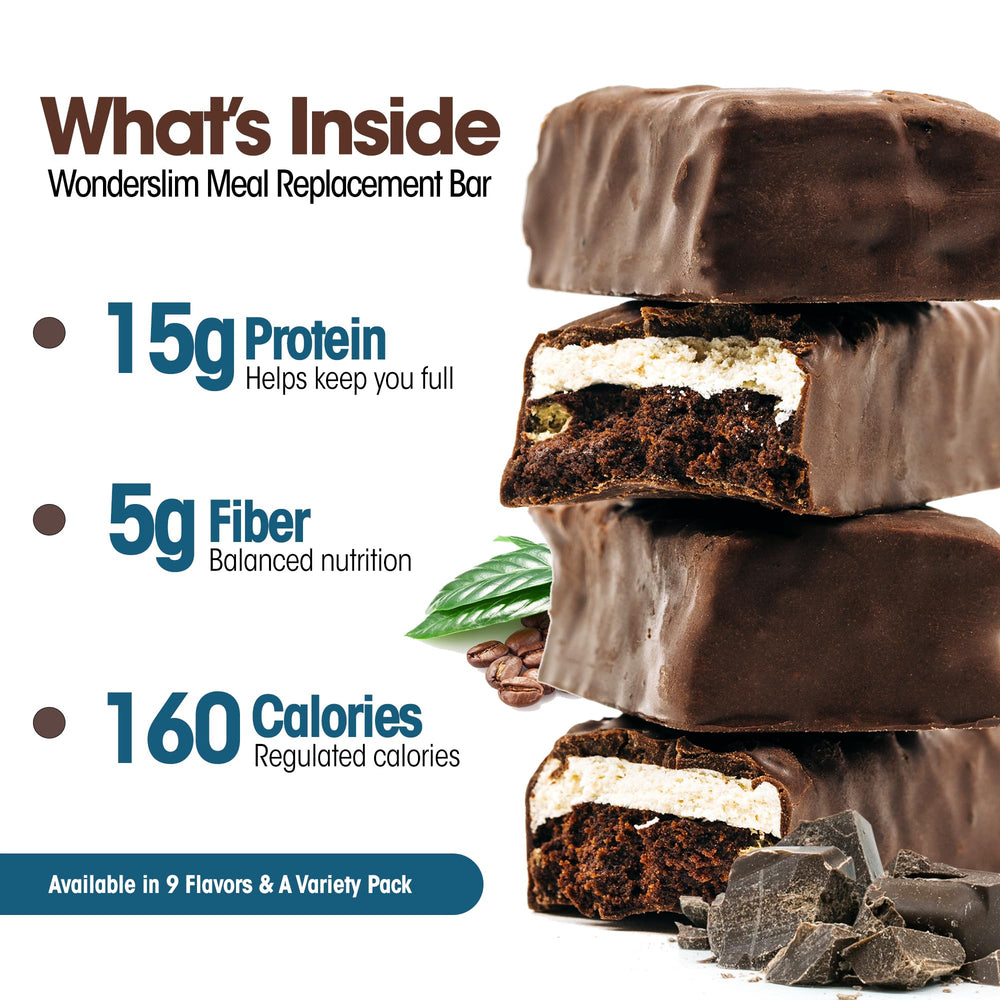 WonderSlim nutrition label highlights 15 g protein and 20 vitamins.